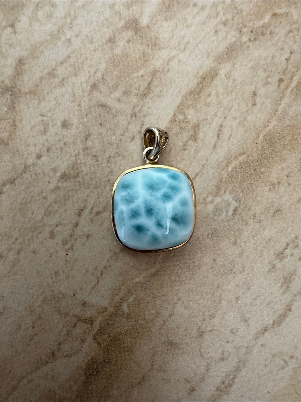 Blue Larimar Square Pendant in Gold over 925 silver Setting